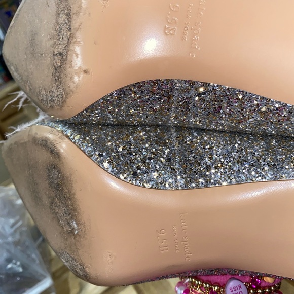 Gently used Kate Spade Marabou Pumps silver and gold glitter with pink feathers - Picture 15 of 17